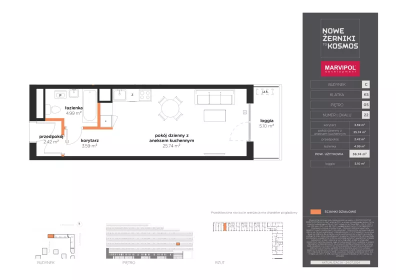 1 pokój, mieszkanie 36,74 m², piętro 5, oferta nr C/C-05-22-K5, Nowe Żerniki, Wrocław, Żerniki, ul. Kosmonautów / al. Architektów
