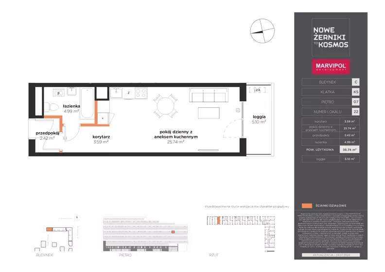 1 pokój, mieszkanie 36,74 m², piętro 7, oferta nr C/C-07-22-K5, Nowe Żerniki, Wrocław, Żerniki, ul. Kosmonautów / al. Architektów
