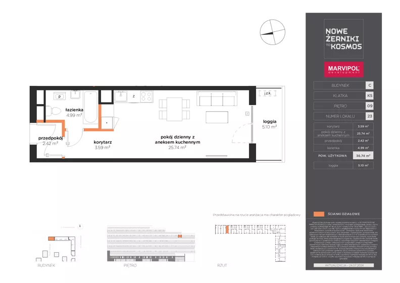 1 pokój, mieszkanie 36,74 m², piętro 9, oferta nr C/C-09-23-K5, Nowe Żerniki, Wrocław, Żerniki, ul. Kosmonautów / al. Architektów