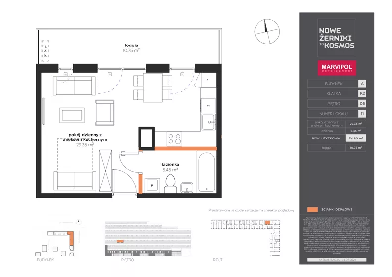 1 pokój, mieszkanie 34,80 m², piętro 5, oferta nr A/A-05-11-K2, Nowe Żerniki, Wrocław, Żerniki, ul. Kosmonautów / al. Architektów