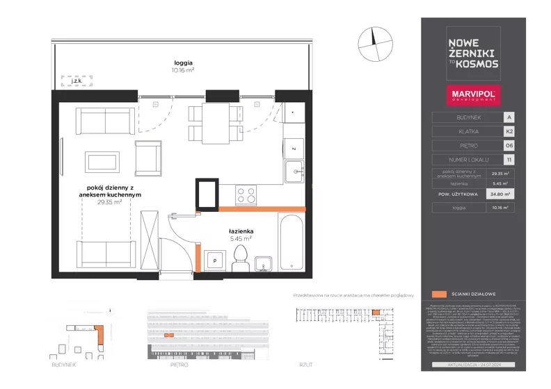 1 pokój, mieszkanie 34,80 m², piętro 6, oferta nr A/A-06-11-K2, Nowe Żerniki, Wrocław, Żerniki, ul. Kosmonautów / al. Architektów