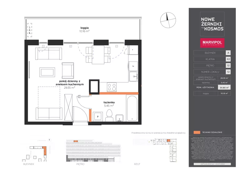 1 pokój, mieszkanie 34,80 m², piętro 12, oferta nr A/A-12-12-K2, Nowe Żerniki, Wrocław, Żerniki, ul. Kosmonautów / al. Architektów