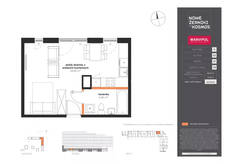 1 pokój, mieszkanie 34,79 m², piętro 1, oferta nr A/A-01-08-K2, Nowe Żerniki, Wrocław, Żerniki, ul. Kosmonautów / al. Architektów