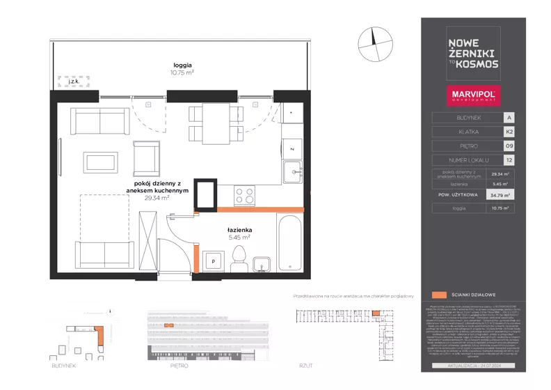 1 pokój, mieszkanie 34,79 m², piętro 9, oferta nr A/A-09-12-K2, Nowe Żerniki, Wrocław, Żerniki, ul. Kosmonautów / al. Architektów