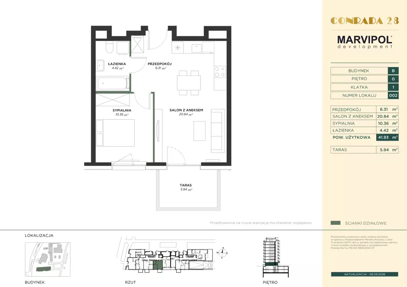 2 pokoje, mieszkanie 41,93 m², parter, oferta nr B/B002, Conrada 28, Warszawa, Bielany, ul. Josepha Conrada 28