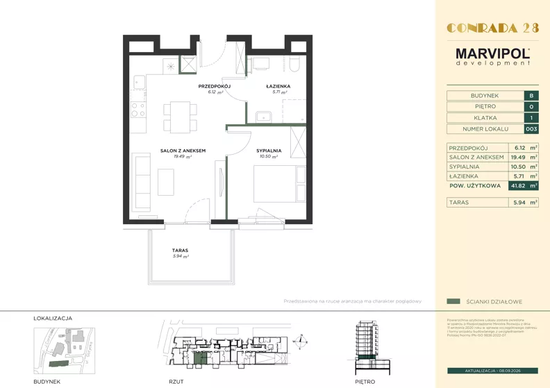 2 pokoje, mieszkanie 41,82 m², parter, oferta nr B/B003, Conrada 28, Warszawa, Bielany, ul. Josepha Conrada 28
