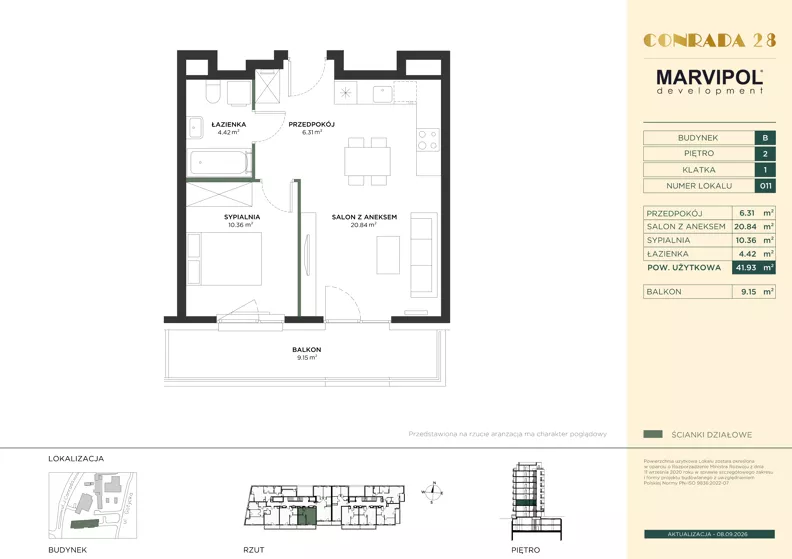 2 pokoje, mieszkanie 41,93 m², piętro 2, oferta nr B/B011, Conrada 28, Warszawa, Bielany, ul. Josepha Conrada 28