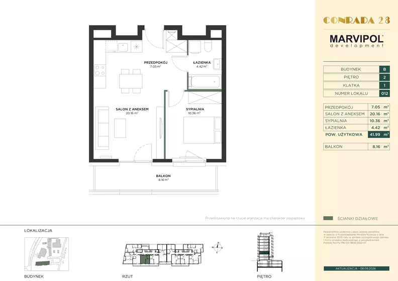 2 pokoje, mieszkanie 41,99 m², piętro 2, oferta nr B/B012, Conrada 28, Warszawa, Bielany, ul. Josepha Conrada 28