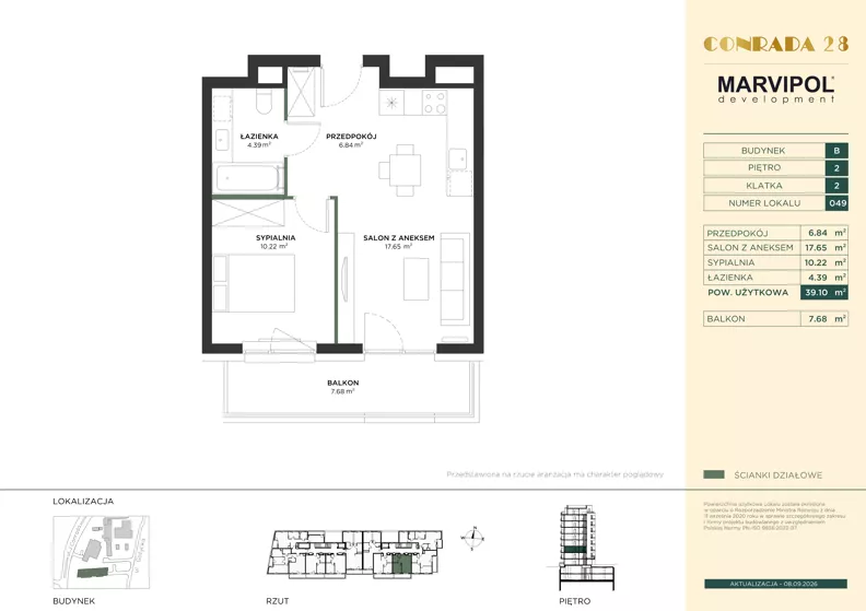 2 pokoje, mieszkanie 39,10 m², piętro 2, oferta nr B/B049, Conrada 28, Warszawa, Bielany, ul. Josepha Conrada 28