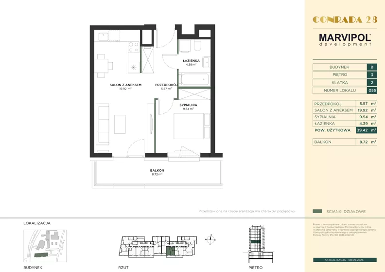 2 pokoje, mieszkanie 39,42 m², piętro 3, oferta nr B/B055, Conrada 28, Warszawa, Bielany, ul. Josepha Conrada 28