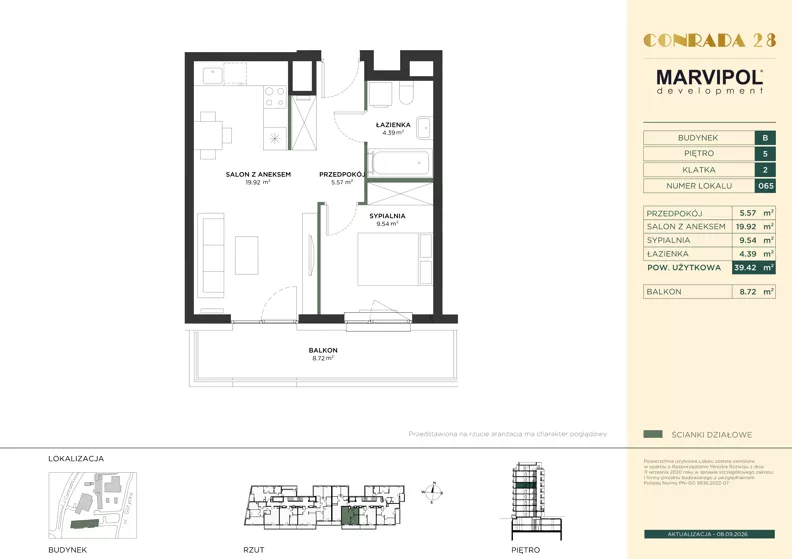 2 pokoje, mieszkanie 39,42 m², piętro 5, oferta nr B/B065, Conrada 28, Warszawa, Bielany, ul. Josepha Conrada 28