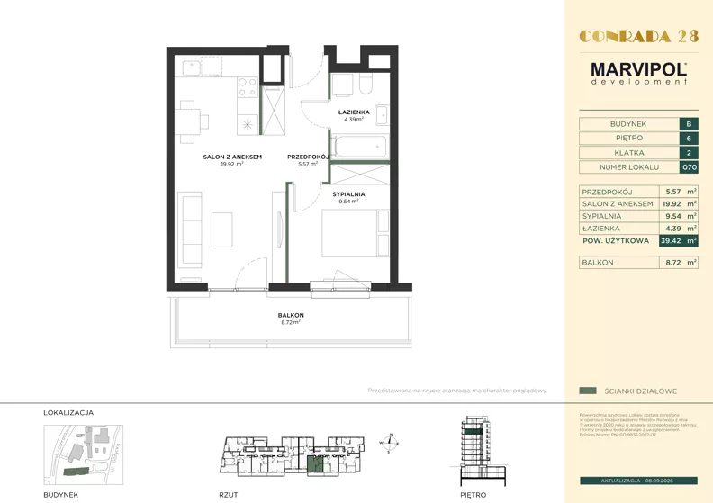2 pokoje, mieszkanie 39,42 m², piętro 6, oferta nr B/B070, Conrada 28, Warszawa, Bielany, ul. Josepha Conrada 28