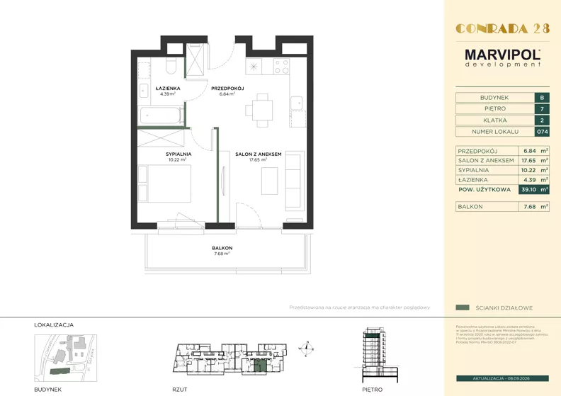 2 pokoje, mieszkanie 39,10 m², piętro 7, oferta nr B/B074, Conrada 28, Warszawa, Bielany, ul. Josepha Conrada 28