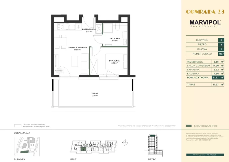 2 pokoje, apartament 31,67 m², piętro 8, oferta nr B/B037, Conrada 28, Warszawa, Bielany, ul. Josepha Conrada 28