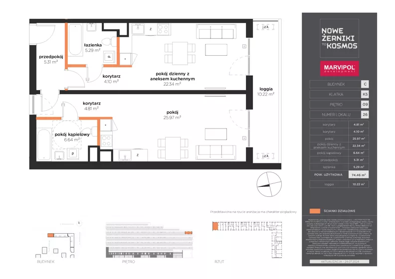 2 pokoje, mieszkanie 74,46 m², piętro 9, oferta nr C/C-09-26-K5, Nowe Żerniki, Wrocław, Żerniki, ul. Kosmonautów / al. Architektów