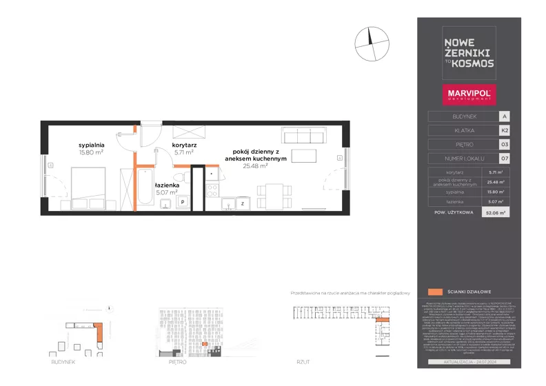 2 pokoje, mieszkanie 52,06 m², piętro 3, oferta nr A/A-03-07-K2, Nowe Żerniki, Wrocław, Żerniki, ul. Kosmonautów / al. Architektów