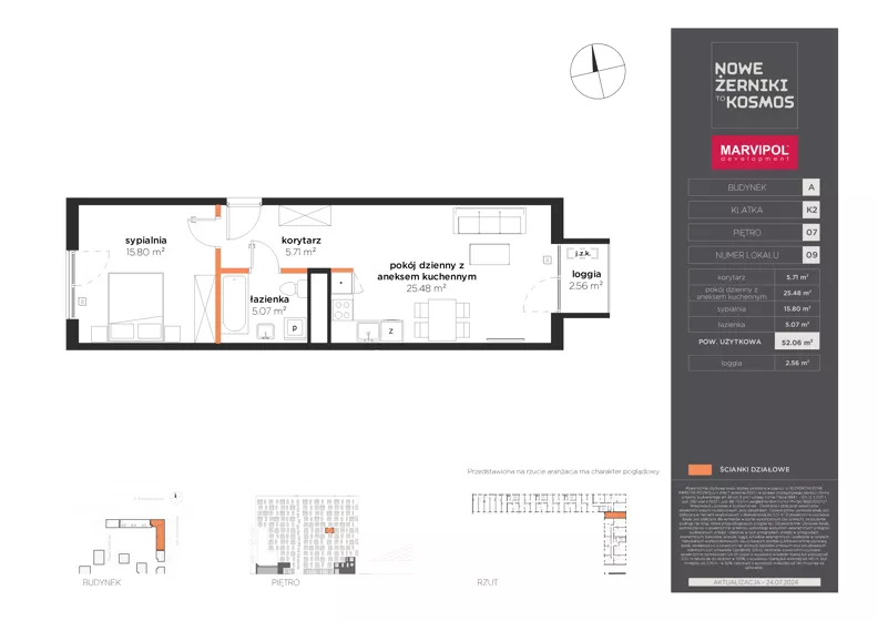 2 pokoje, mieszkanie 52,06 m², piętro 7, oferta nr A/A-07-09-K2, Nowe Żerniki, Wrocław, Żerniki, ul. Kosmonautów / al. Architektów