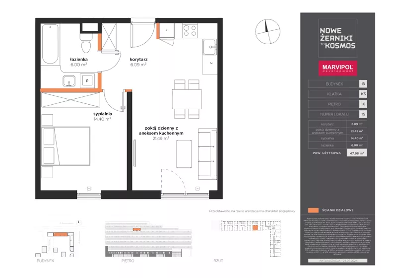2 pokoje, mieszkanie 47,98 m², piętro 10, oferta nr B/B-10-15-K3, Nowe Żerniki, Wrocław, Żerniki, ul. Kosmonautów / al. Architektów