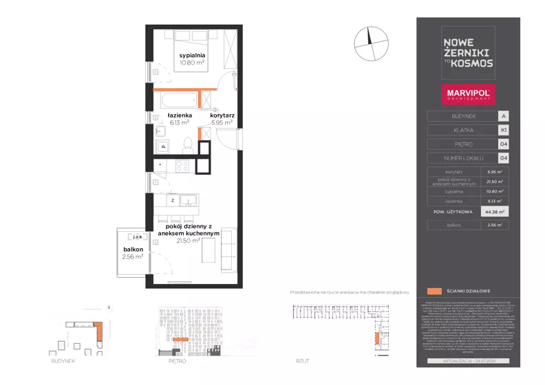 2 pokoje, mieszkanie 44,38 m², piętro 4, oferta nr A/A-04-04-K1, Nowe Żerniki, Wrocław, Żerniki, ul. Kosmonautów / al. Architektów