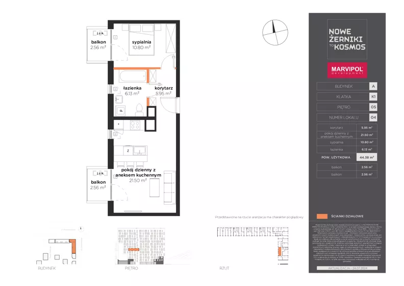 2 pokoje, mieszkanie 44,38 m², piętro 5, oferta nr A/A-05-04-K1, Nowe Żerniki, Wrocław, Żerniki, ul. Kosmonautów / al. Architektów