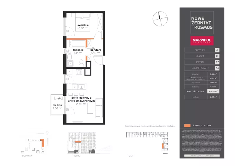 2 pokoje, mieszkanie 44,38 m², piętro 7, oferta nr A/A-07-04-K1, Nowe Żerniki, Wrocław, Żerniki, ul. Kosmonautów / al. Architektów