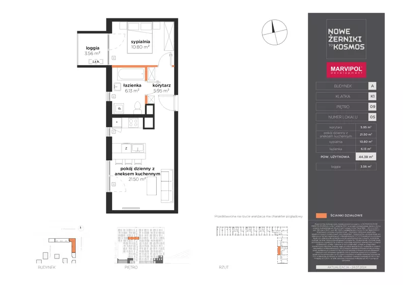 2 pokoje, mieszkanie 44,38 m², piętro 9, oferta nr A/A-09-05-K1, Nowe Żerniki, Wrocław, Żerniki, ul. Kosmonautów / al. Architektów