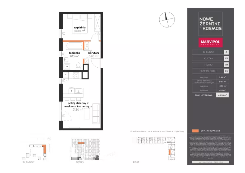 2 pokoje, mieszkanie 44,38 m², piętro 10, oferta nr A/A-10-05-K1, Nowe Żerniki, Wrocław, Żerniki, ul. Kosmonautów / al. Architektów