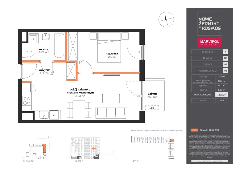 2 pokoje, mieszkanie 43,23 m², piętro 6, oferta nr A/A-06-08-K2, Nowe Żerniki, Wrocław, Żerniki, ul. Kosmonautów / al. Architektów
