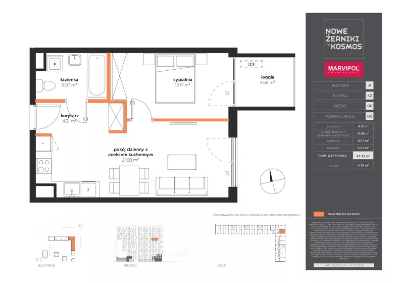 2 pokoje, mieszkanie 43,23 m², piętro 8, oferta nr A/A-08-09-K2, Nowe Żerniki, Wrocław, Żerniki, ul. Kosmonautów / al. Architektów