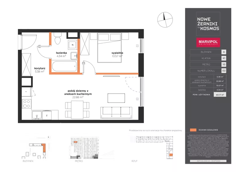 2 pokoje, mieszkanie 43,17 m², piętro 10, oferta nr A/A-10-02-K1, Nowe Żerniki, Wrocław, Żerniki, ul. Kosmonautów / al. Architektów