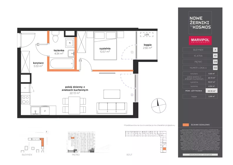 2 pokoje, mieszkanie 43,16 m², piętro 9, oferta nr A/A-09-02-K1, Nowe Żerniki, Wrocław, Żerniki, ul. Kosmonautów / al. Architektów