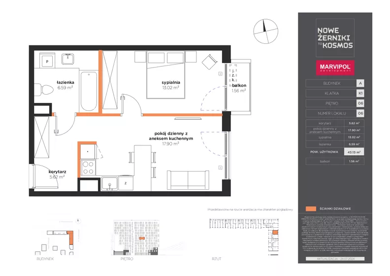 2 pokoje, mieszkanie 43,13 m², piętro 6, oferta nr A/A-06-06-K1, Nowe Żerniki, Wrocław, Żerniki, ul. Kosmonautów / al. Architektów