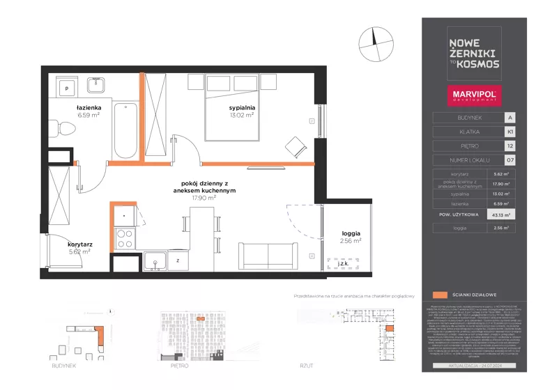 2 pokoje, mieszkanie 43,13 m², piętro 12, oferta nr A/A-12-07-K1, Nowe Żerniki, Wrocław, Żerniki, ul. Kosmonautów / al. Architektów
