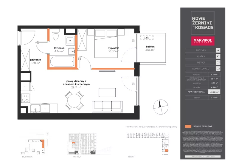 2 pokoje, mieszkanie 42,70 m², piętro 7, oferta nr A/A-07-02-K1, Nowe Żerniki, Wrocław, Żerniki, ul. Kosmonautów / al. Architektów
