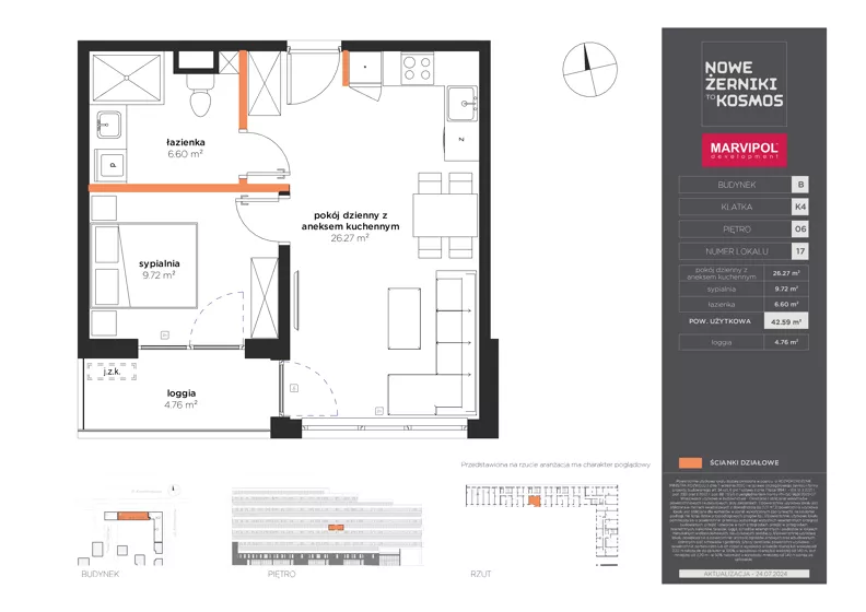 2 pokoje, mieszkanie 42,59 m², piętro 6, oferta nr B/B-06-17-K4, Nowe Żerniki, Wrocław, Żerniki, ul. Kosmonautów / al. Architektów