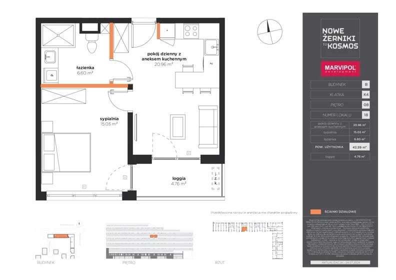 2 pokoje, mieszkanie 42,59 m², piętro 8, oferta nr B/B-08-18-K4, Nowe Żerniki, Wrocław, Żerniki, ul. Kosmonautów / al. Architektów