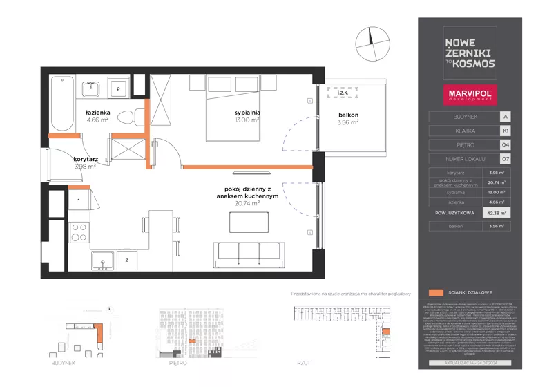 2 pokoje, mieszkanie 42,38 m², piętro 4, oferta nr A/A-04-07-K1, Nowe Żerniki, Wrocław, Żerniki, ul. Kosmonautów / al. Architektów