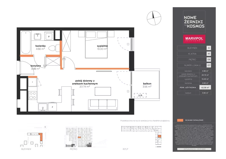 2 pokoje, mieszkanie 42,38 m², piętro 6, oferta nr A/A-06-07-K1, Nowe Żerniki, Wrocław, Żerniki, ul. Kosmonautów / al. Architektów