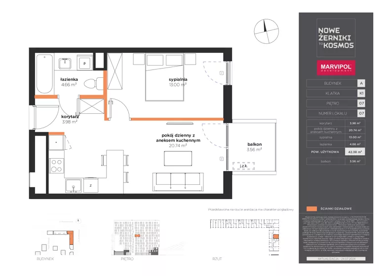 2 pokoje, mieszkanie 42,38 m², piętro 7, oferta nr A/A-07-07-K1, Nowe Żerniki, Wrocław, Żerniki, ul. Kosmonautów / al. Architektów