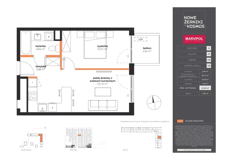 2 pokoje, mieszkanie 42,38 m², piętro 8, oferta nr A/A-08-08-K1, Nowe Żerniki, Wrocław, Żerniki, ul. Kosmonautów / al. Architektów