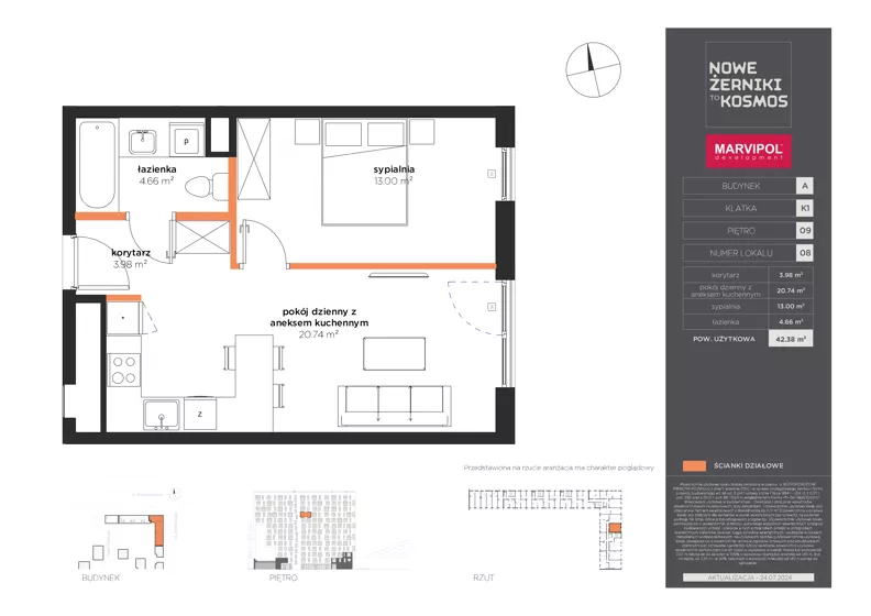 2 pokoje, mieszkanie 42,38 m², piętro 9, oferta nr A/A-09-08-K1, Nowe Żerniki, Wrocław, Żerniki, ul. Kosmonautów / al. Architektów