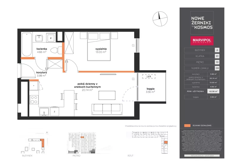 2 pokoje, mieszkanie 42,38 m², piętro 10, oferta nr A/A-10-08-K1, Nowe Żerniki, Wrocław, Żerniki, ul. Kosmonautów / al. Architektów
