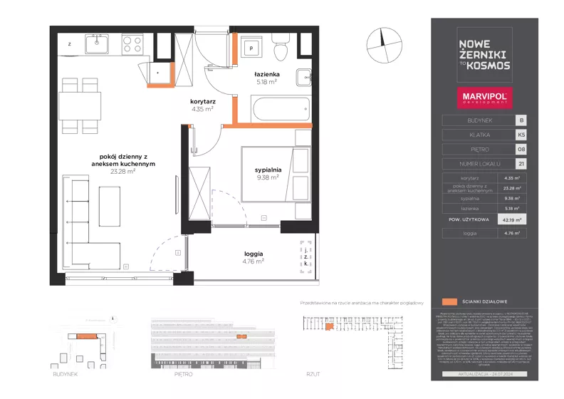 2 pokoje, mieszkanie 42,19 m², piętro 8, oferta nr B/B-08-21-K5, Nowe Żerniki, Wrocław, Żerniki, ul. Kosmonautów / al. Architektów