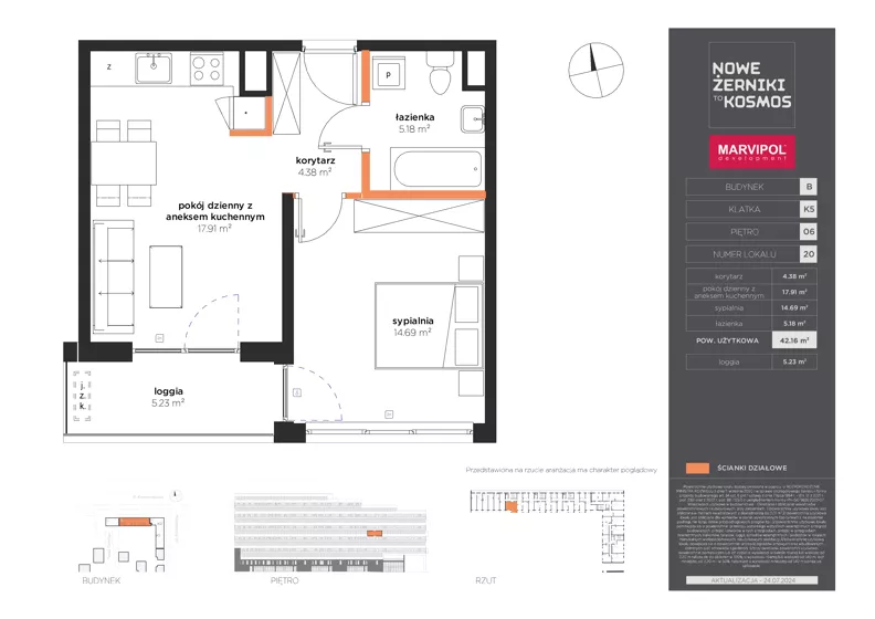 2 pokoje, mieszkanie 42,16 m², piętro 6, oferta nr B/B-06-20-K5, Nowe Żerniki, Wrocław, Żerniki, ul. Kosmonautów / al. Architektów