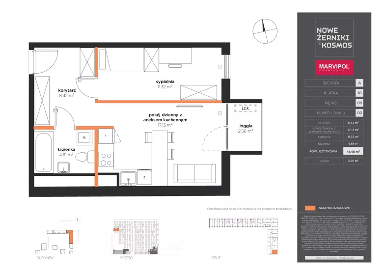 2 pokoje, mieszkanie 41,48 m², piętro 9, oferta nr A/A-09-03-K1, Nowe Żerniki, Wrocław, Żerniki, ul. Kosmonautów / al. Architektów