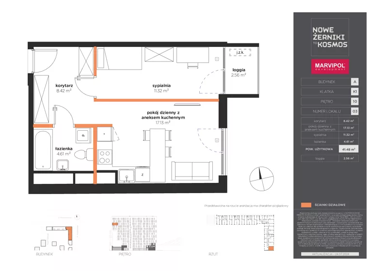 2 pokoje, mieszkanie 41,48 m², piętro 10, oferta nr A/A-10-03-K1, Nowe Żerniki, Wrocław, Żerniki, ul. Kosmonautów / al. Architektów