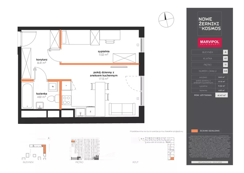 2 pokoje, mieszkanie 41,47 m², piętro 11, oferta nr A/A-11-03-K1, Nowe Żerniki, Wrocław, Żerniki, ul. Kosmonautów / al. Architektów