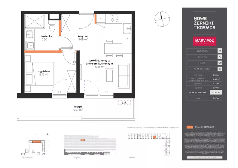 2 pokoje, mieszkanie 37,33 m², piętro 9, oferta nr B/B-09-15-K3, Nowe Żerniki, Wrocław, Żerniki, ul. Kosmonautów / al. Architektów