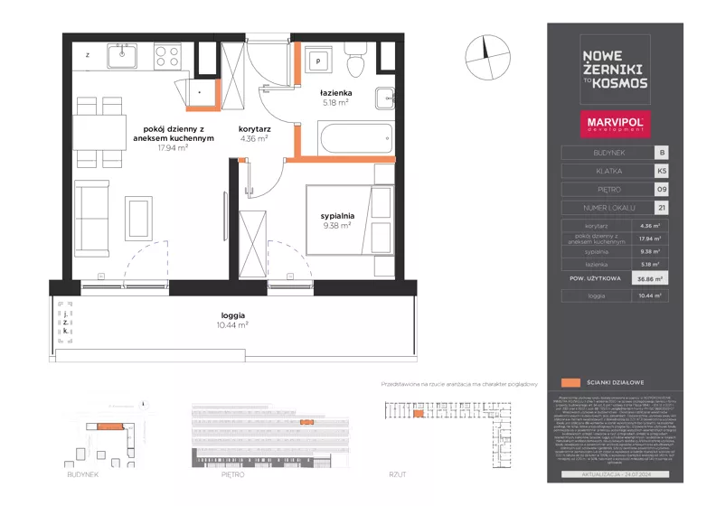 2 pokoje, mieszkanie 36,86 m², piętro 9, oferta nr B/B-09-21-K5, Nowe Żerniki, Wrocław, Żerniki, ul. Kosmonautów / al. Architektów