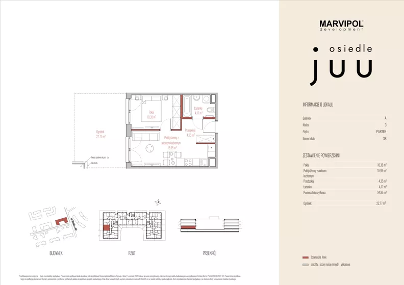 2 pokoje, mieszkanie 34,62 m², parter, oferta nr A/M038, Osiedle Juu, Warszawa, Białołęka, Grodzisk, ul. Skarbka z Gór 47